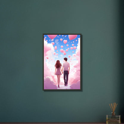Mann und Frau gehen Hand in Hand auf einer Wolke in Rosa mit Herzluftballons auf einem Poster im Metallrahmen