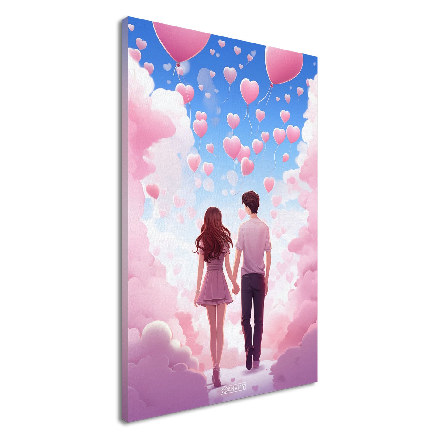 Mann und Frau gehen Hand in Hand auf einer Wolke in Rosa mit Herzluftballons auf einer Leinwand