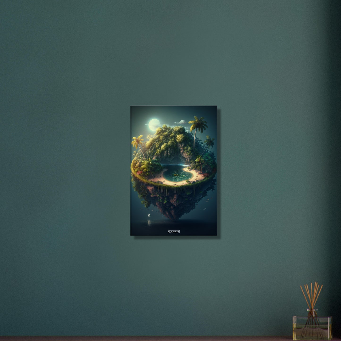 Leuchtender Mond mit Palmenoase auf einer Leinwand