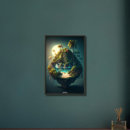 Leuchtender Mond mit einer Oase und Palmen auf einem Poster im Metallrahmen