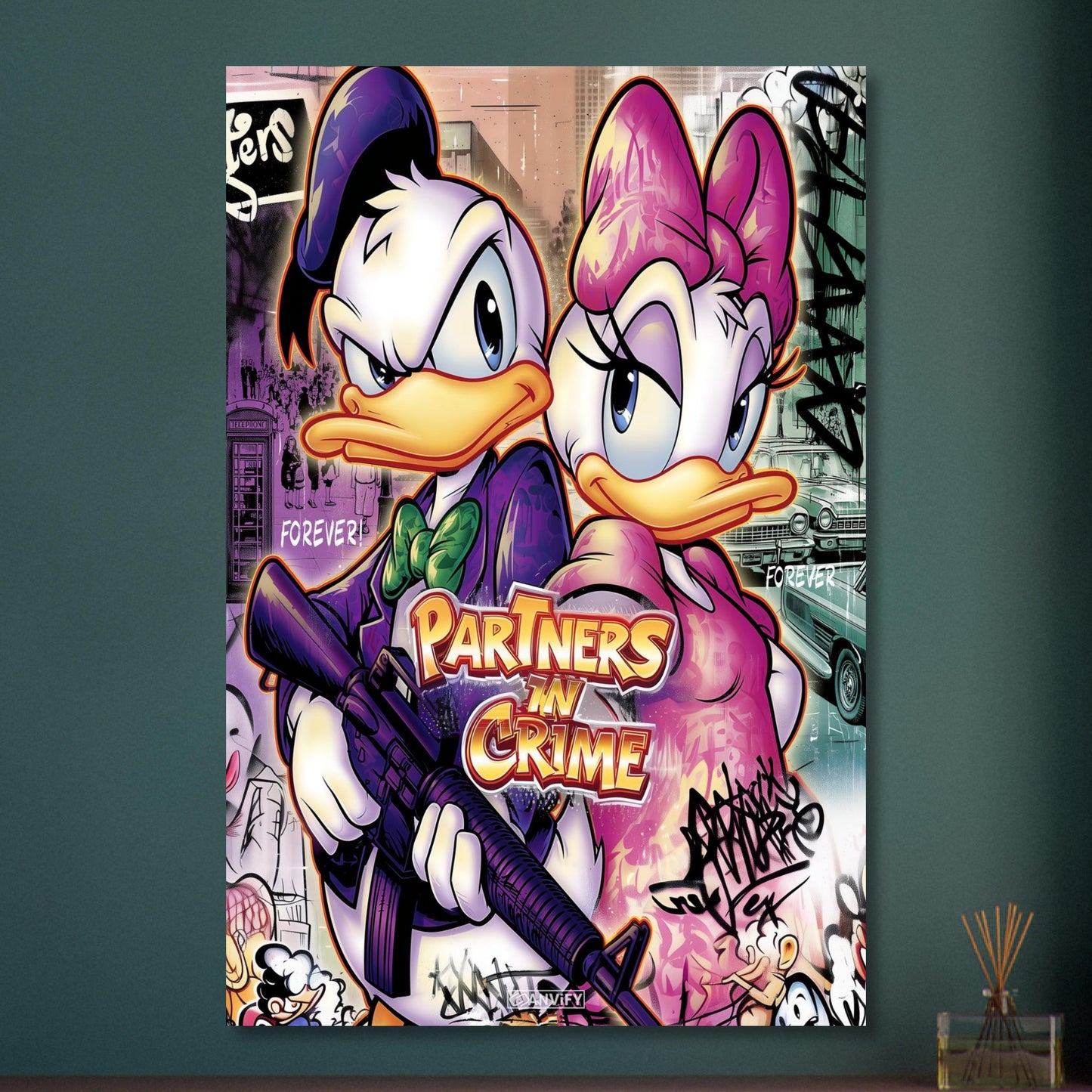 Donald Duck und Daisy Duck im abstrakten Pop Art Stil auf Aluminium