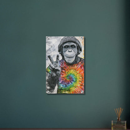 Affe mit einem Beenie und einem T-Shirt in Regenbogenfarben und einem Peace Zeichen im Graffiti Street Art Stil auf einem Acrylbild