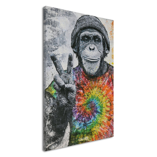 Affe mit einem Beenie und einem T-Shirt in Regenbogenfarben und einem Peace Zeichen im Graffiti Street Art Stil auf einer Leinwand