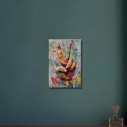 Buntes Friedenszeichen Peace auf einer Leinwand