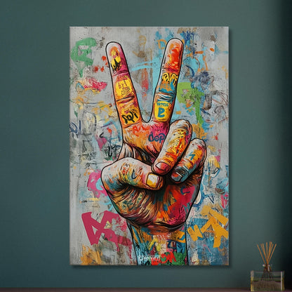 Buntes Friedenszeichen Peace auf einer Leinwand