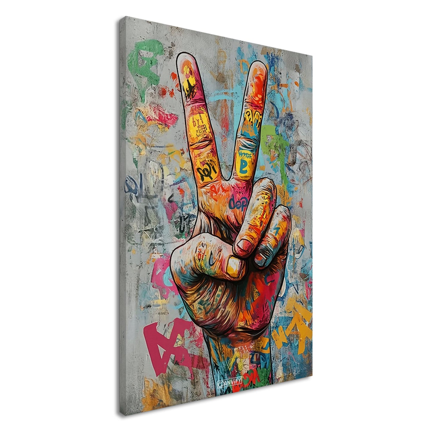 Buntes Friedenszeichen Peace auf einer Leinwand