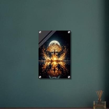 Luxuriöses Parfum mit einem Duftbaum im Vollmondlicht auf einem Acrylbild