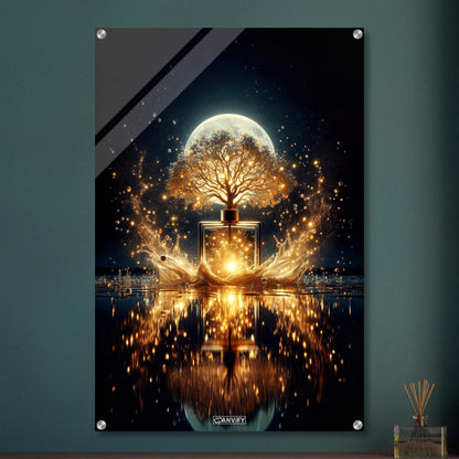 Luxuriöses Parfum mit einem Duftbaum im Vollmondlicht auf einem Acrylbild