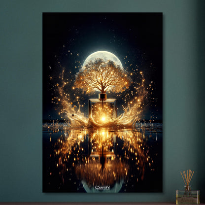 Luxuriöses Parfum mit einem Duftbaum im Vollmondlicht auf Aluminium