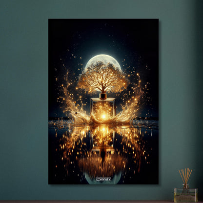 Luxuriöses Parfum mit einem Duftbaum im Vollmondlicht auf einer Leinwand