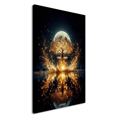 Luxuriöses Parfum mit einem Duftbaum im Vollmondlicht auf einer Leinwand