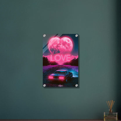 Oldtimer unter einem pinken Herzmond bei Nacht mit dem Spruch 'LOVE' auf einem Acrylbild