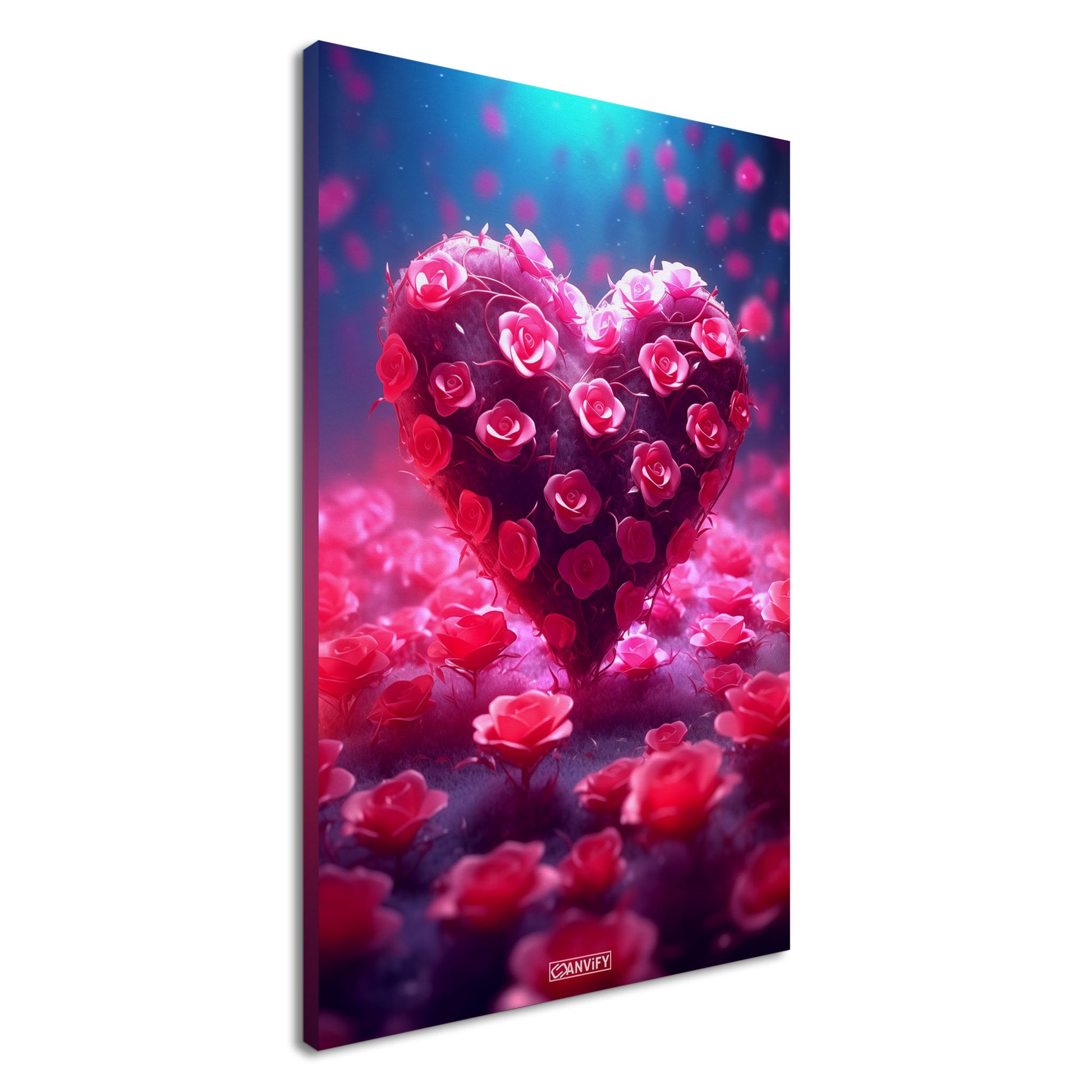 Pinker Rosenbusch in einer Herzform mit vielen kleinen Rosenblüten auf einer Leinwand