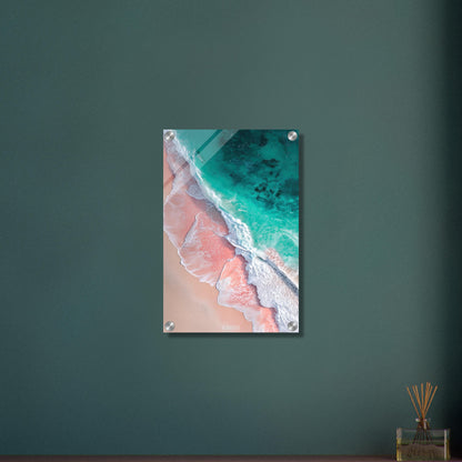 Pinker Sandstrand und türkises Wasser auf einem Acrylbild