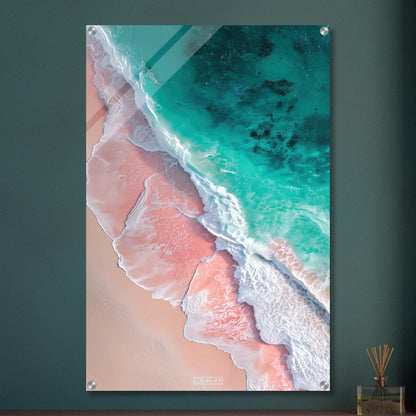 Pinker Sandstrand und türkises Wasser auf einem Acrylbild