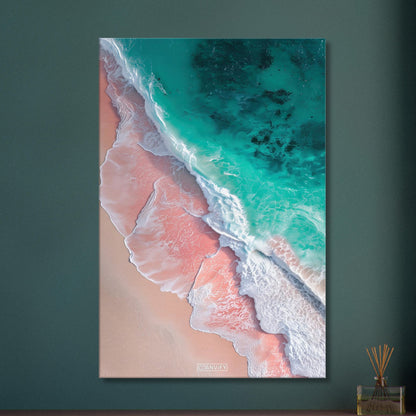 Pinker Sandstrand und türkises Wasser auf einer Leinwand
