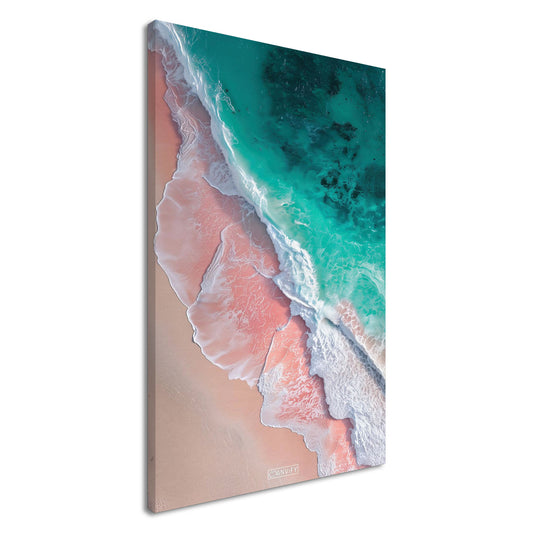 Pinker Sandstrand und türkises Wasser auf einer Leinwand