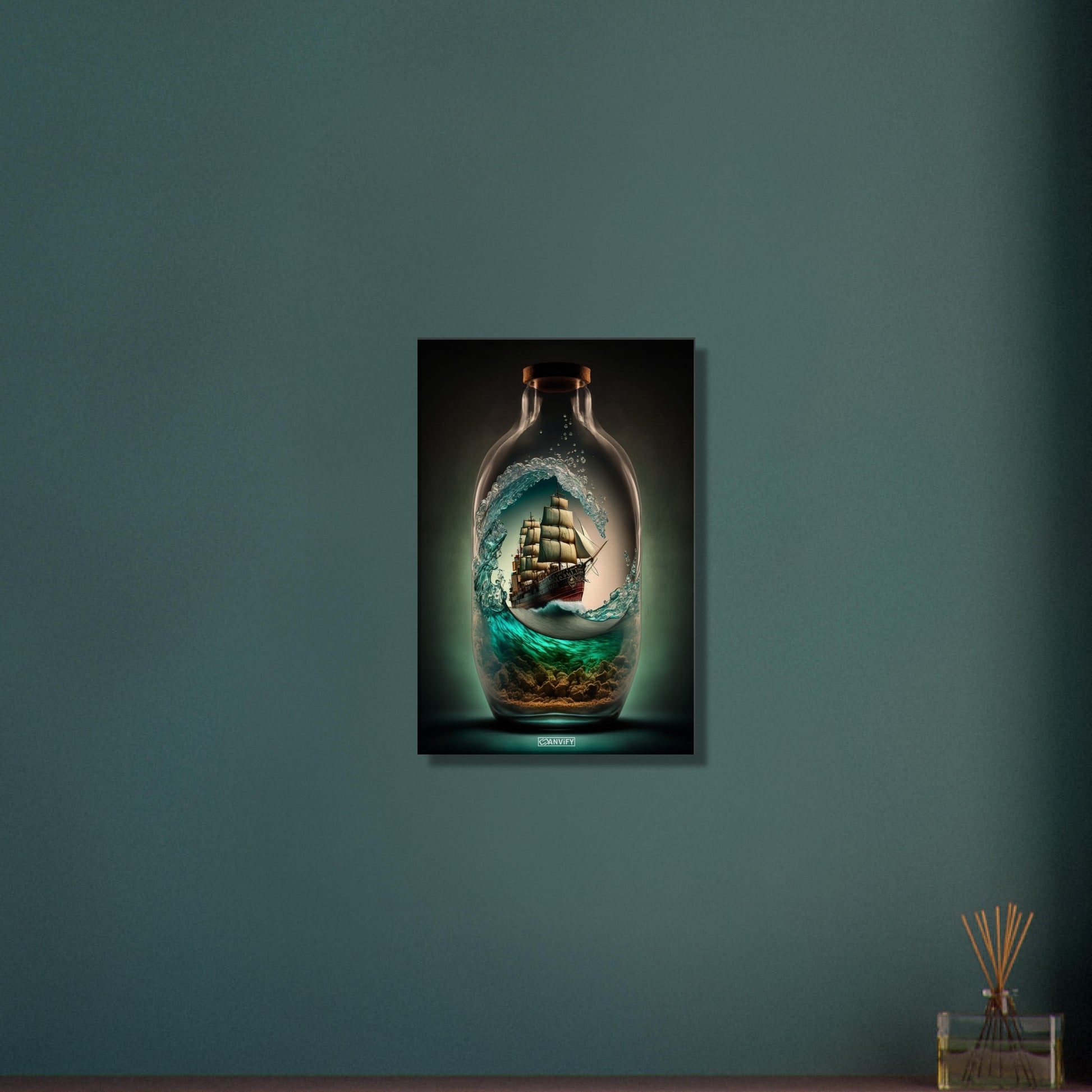 Piratenschiff in einer Glasflasche reitet eine Welle auf einer Leinwand