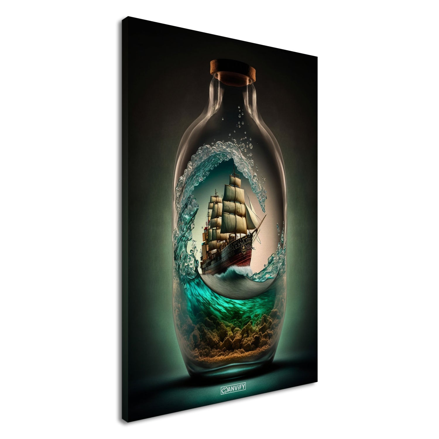 Piratenschiff in einer Glasflasche reitet eine Welle auf einer Leinwand