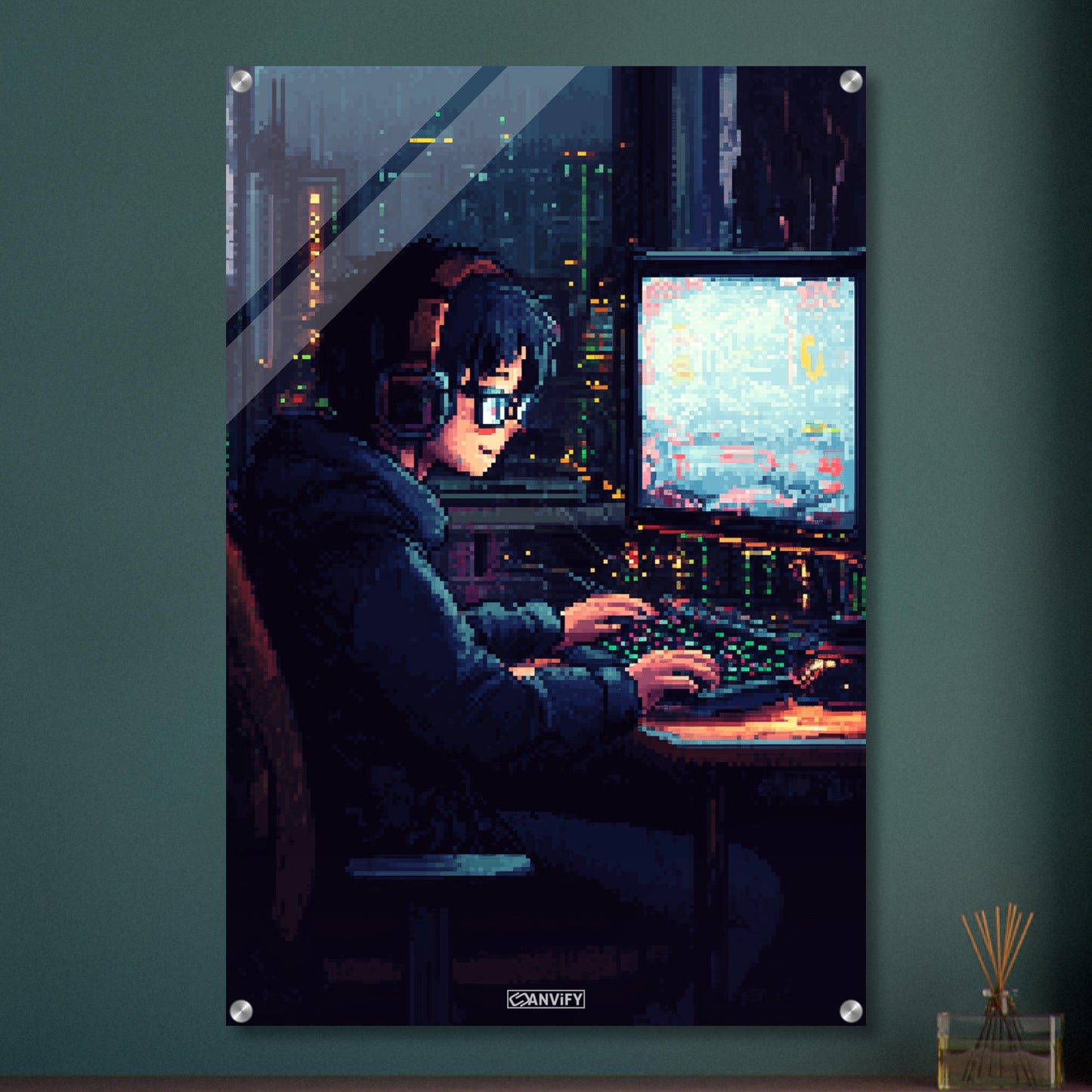 Junge zockt auf Computer in Voxel-basierter Grafik auf einem Acrylbild