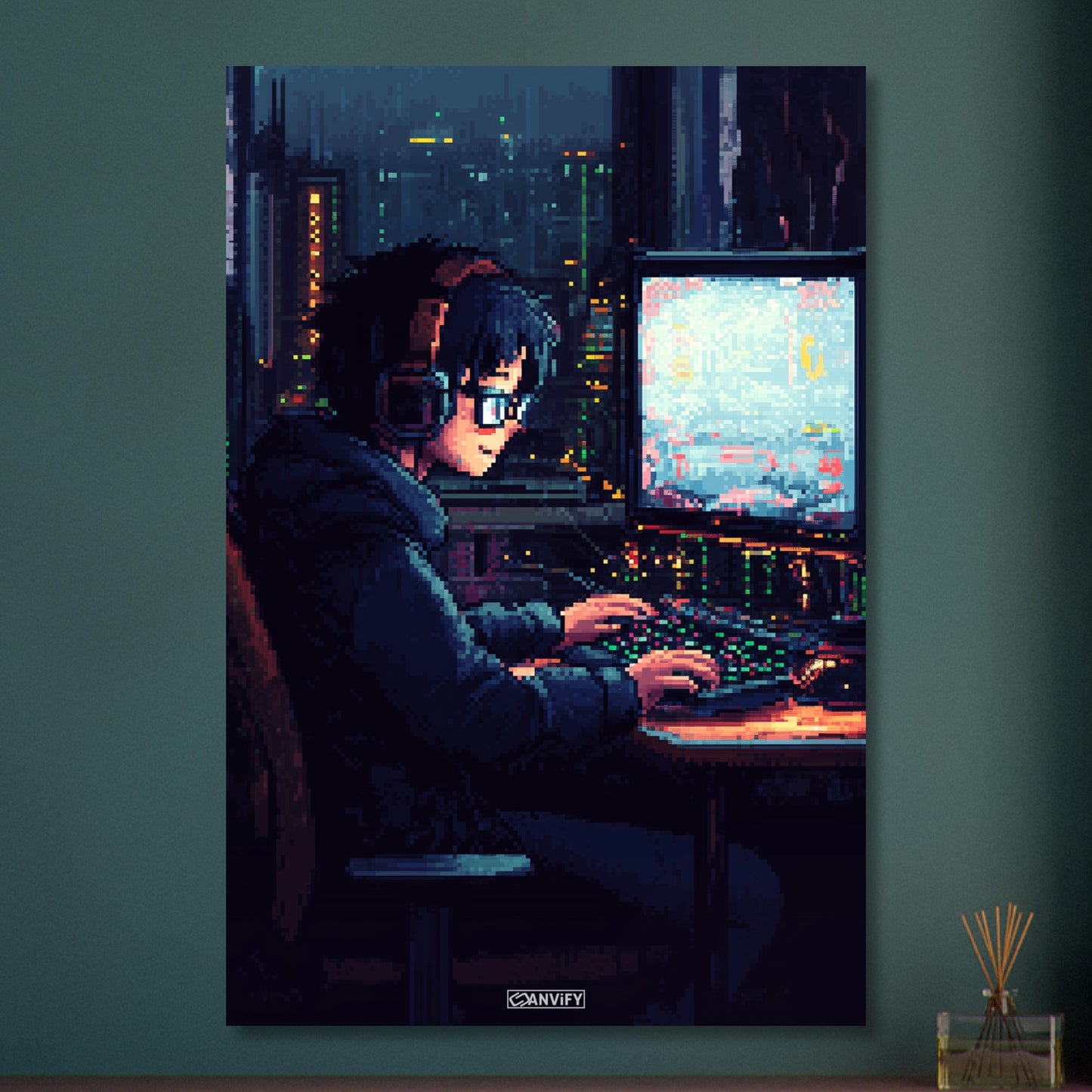 Junge zockt auf Computer in Voxel-basierter Grafik auf Aluminium