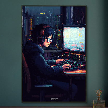 Junge zockt auf Computer in Voxel-basierter Grafik auf einem Poster im Metallrahmen
