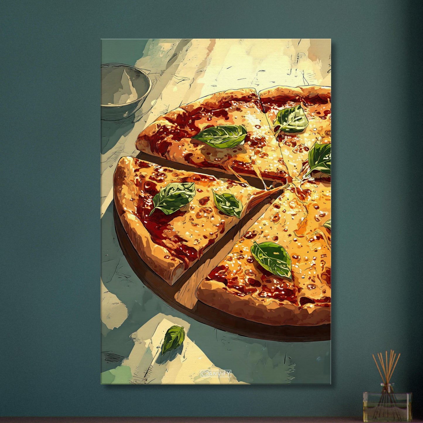 Pizza Margherita im Comic Stil auf einer Leinwand