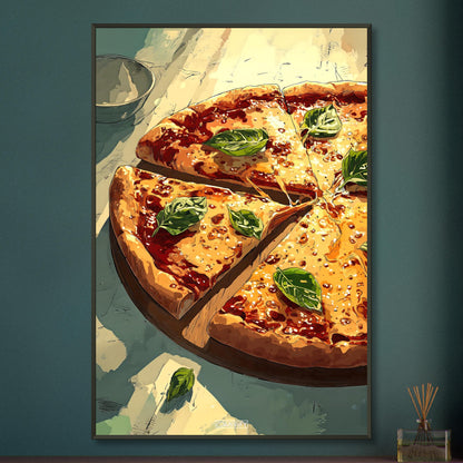 Pizza Margherita im Comic Stil auf einem Poster im Metallrahmen