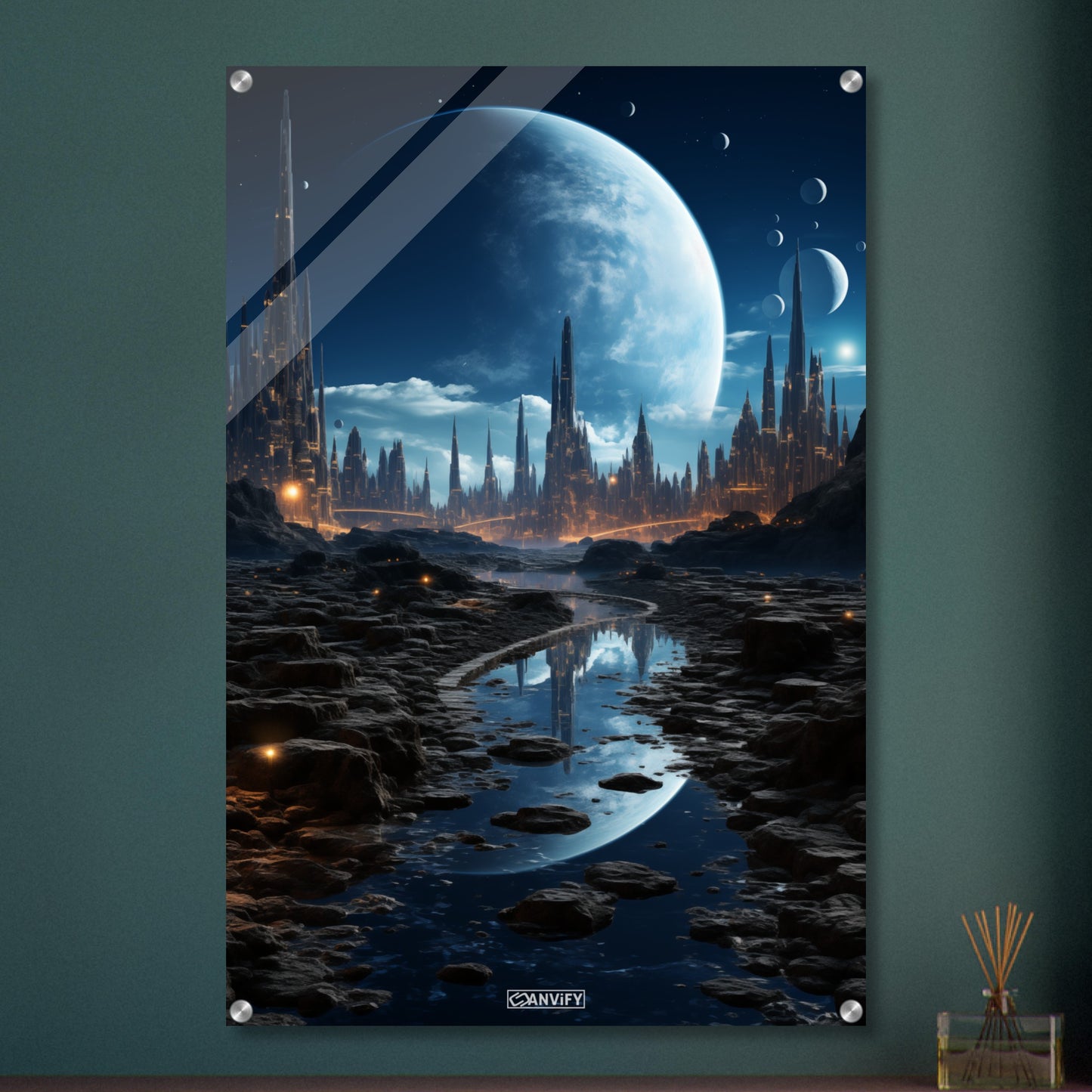 Futuristische Stadt aus einer anderen Welt auf einem Acrylbild