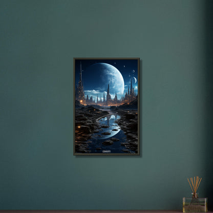Futuristische Stadt aus einer anderen Welt auf einem Poster im Metallrahmen