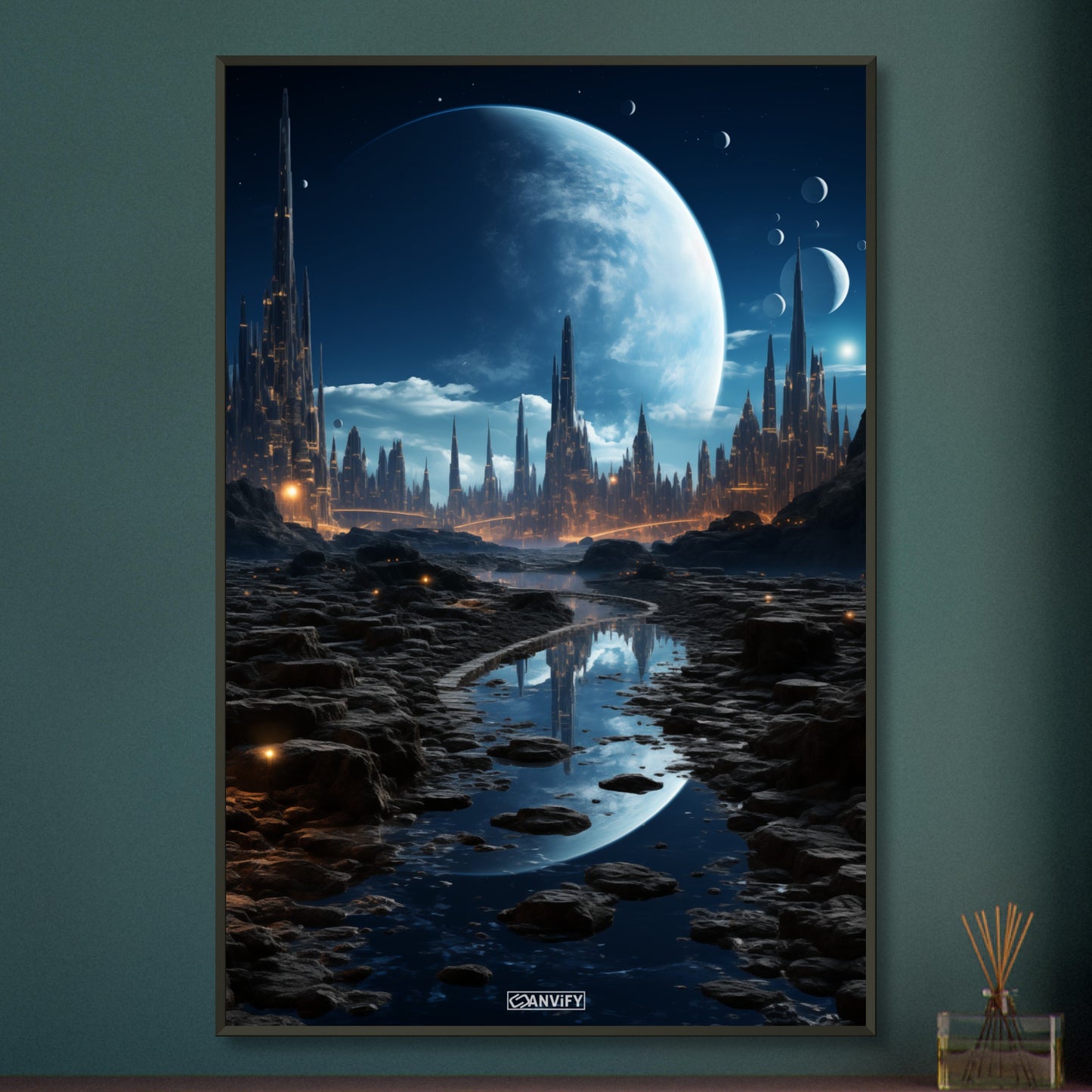 Futuristische Stadt aus einer anderen Welt auf einem Poster im Metallrahmen
