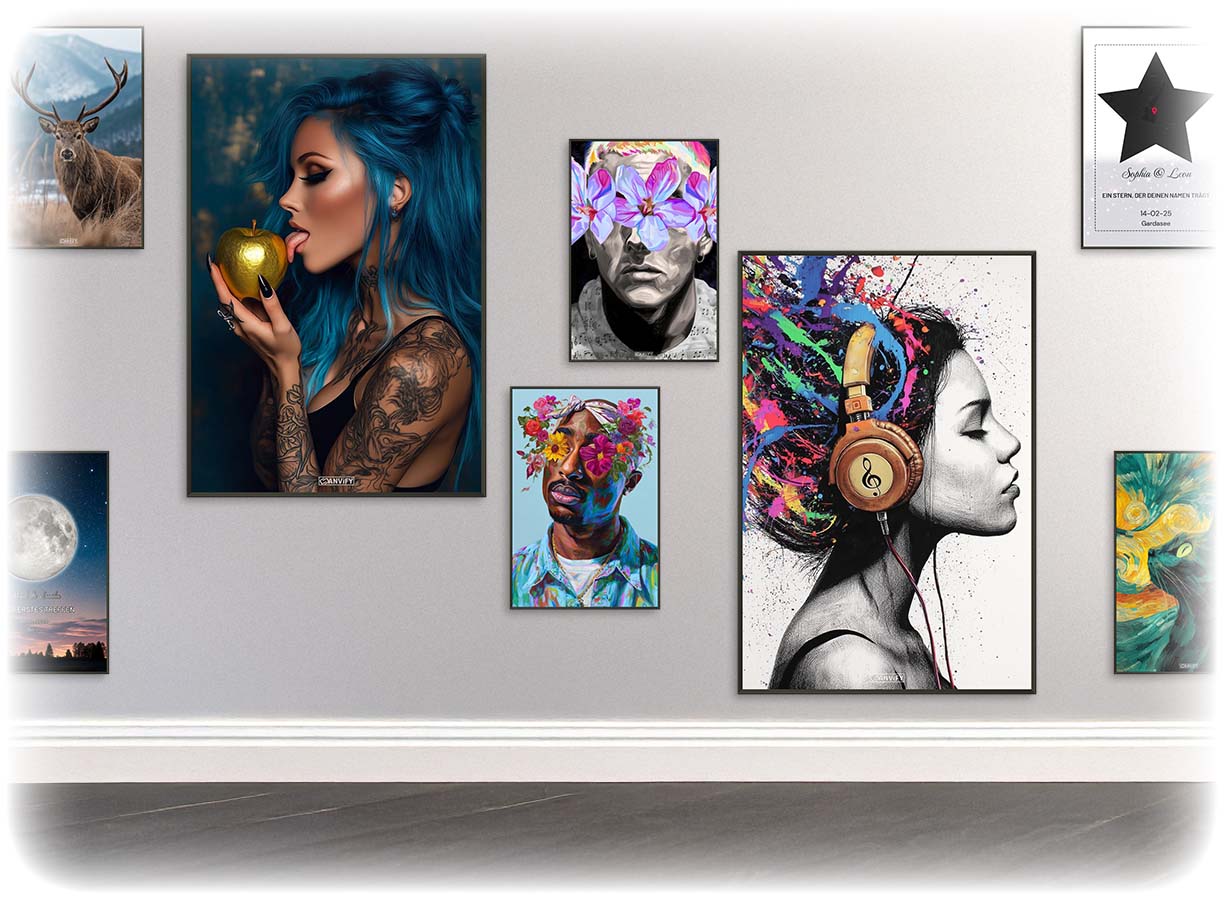 Hirsch, Halsey mit blauen Haaren und goldenem Apfel, Tupac Amaru Shakur mit Blumen, Slim Shady alias Eminem mit Blumen, malerische Katze im Stil von Vincent van Gogh, Bunte Haare einer Frau mit Kopfhörern, personalisierte Karte und personalisiertes Mondbild als Poster im Metallrahmen in Galeriequalität