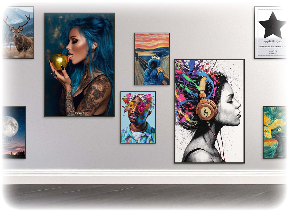 Hirsch, Sexy schöne Frau mit blauen Haaren und goldenem Apfel, Tupac Amaru Shakur mit Blumen, Krümelmonster alias Keksmonster im Stil von The Scream, malerische Katze im Stil von Vincent van Gogh, Bunte Haare einer Frau mit Kopfhörern, personalisierte Karte und personalisiertes Mondbild als Poster im Metallrahmen in Galeriequalität