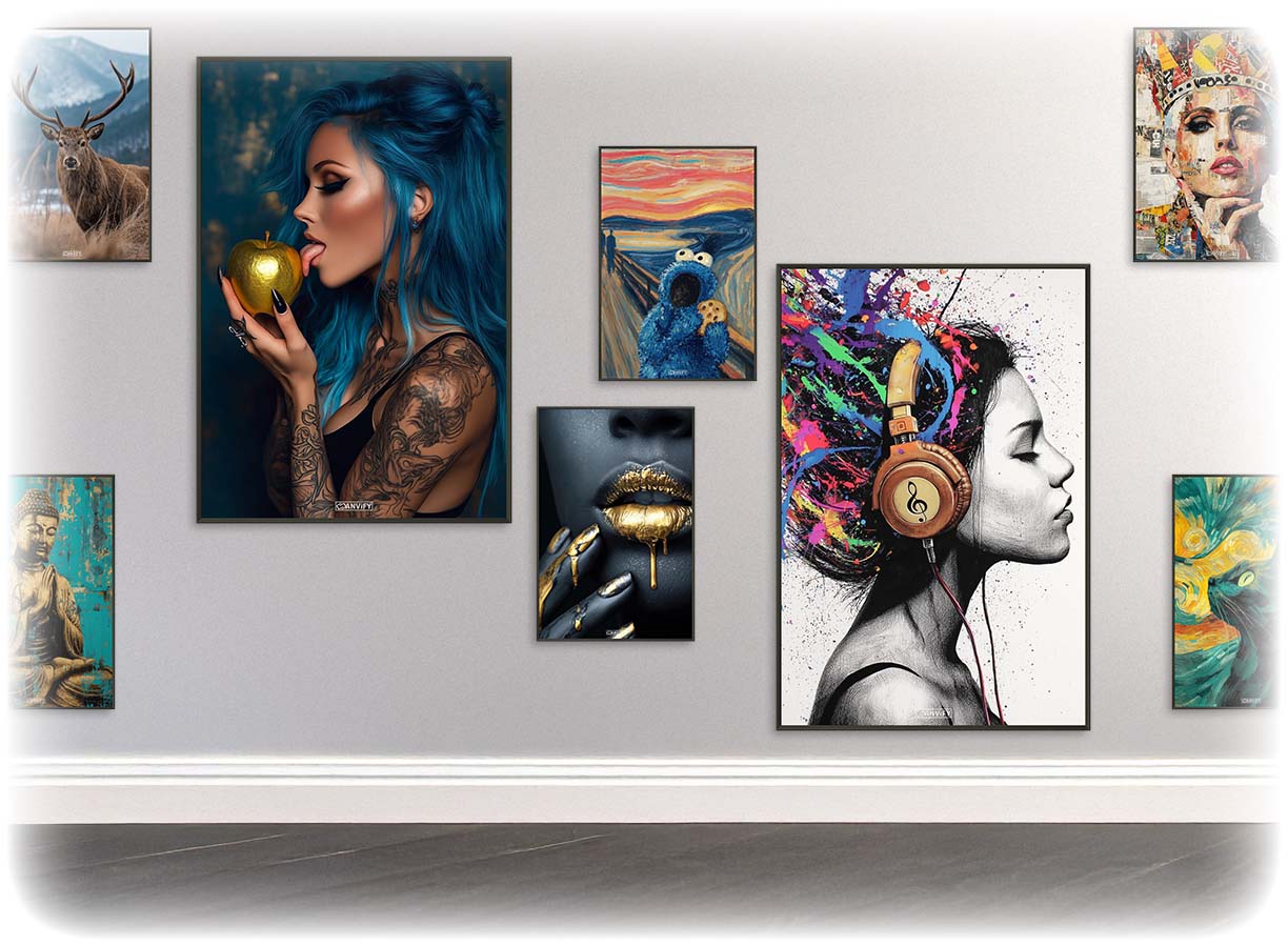 Hirsch, Sexy schöne Frau mit blauen Haaren und goldenem Apfel, Goldene Lippen, Krümelmonster alias Keksmonster im Stil von The Scream, malerische Katze im Stil von Vincent van Gogh, Bunte Haare einer Frau mit Kopfhörern, Lady Gaga mit einer Krone im Pop Art Stil, Goldener Buddha im abstrakten Modern Art Stil als Poster im Metallrahmen in Galeriequalität