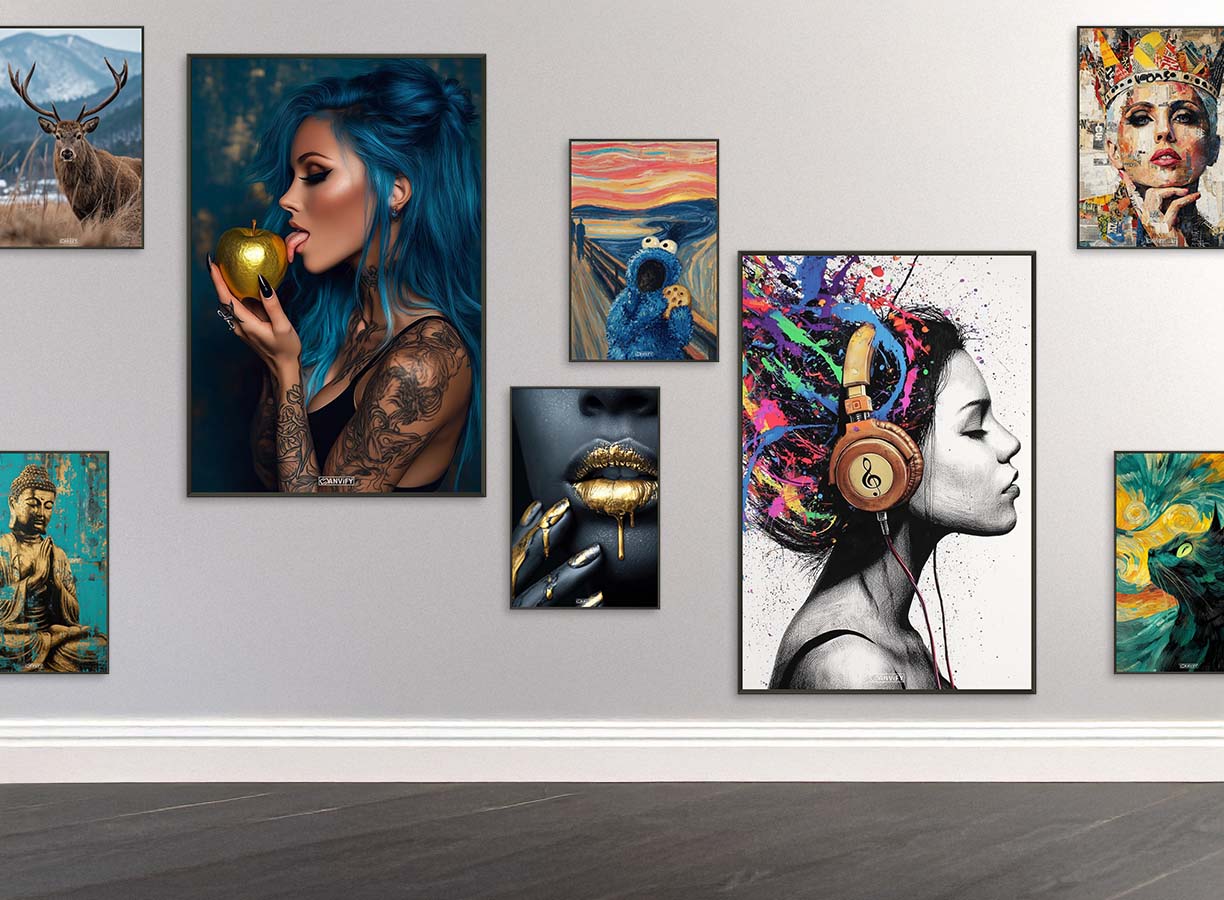 Hirsch, Sexy schöne Frau mit blauen Haaren und goldenem Apfel, Goldene Lippen, Krümelmonster alias Keksmonster im Stil von The Scream, malerische Katze im Stil von Vincent van Gogh, Bunte Haare einer Frau mit Kopfhörern, Lady Gaga mit einer Krone im Pop Art Stil, Goldener Buddha im abstrakten Modern Art Stil als Poster im Metallrahmen in Galeriequalität