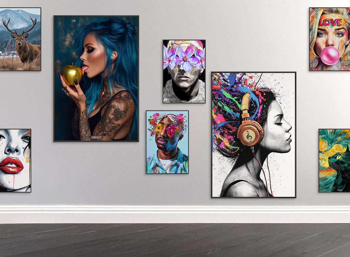 Hirsch, Rote Lippen, Halsey mit blauen Haaren und goldenem Apfel, Tupac Amaru Shakur mit Blumen, Slim Shady alias Eminem mit Blumen, malerische Katze im Stil von Vincent van Gogh, Bunte Haare einer Frau mit Kopfhörern und Cameron Diaz mit Kaugummi im Pop-Art Stil als Poster im Metallrahmen in Galeriequalität