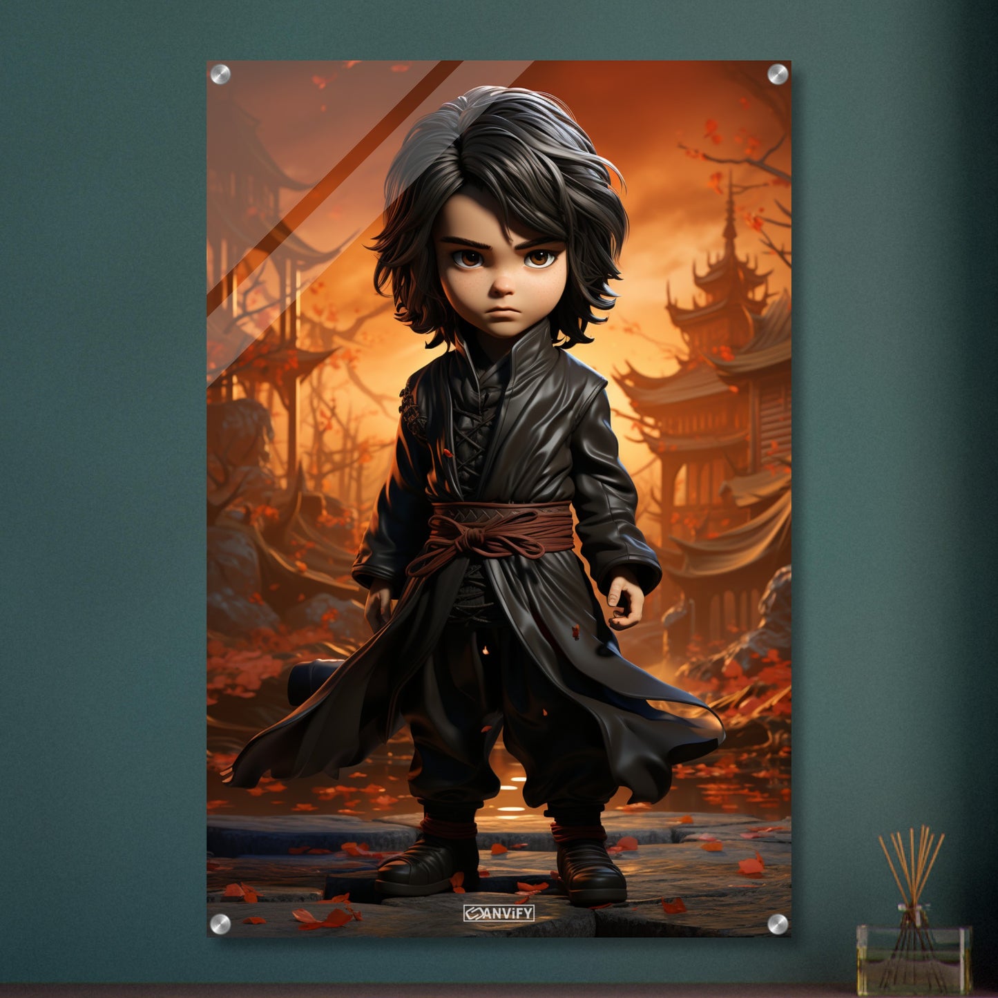 Chibi Karate-Junge mit braunem Gürtel und braunem Anzug auf einem Acrylbild