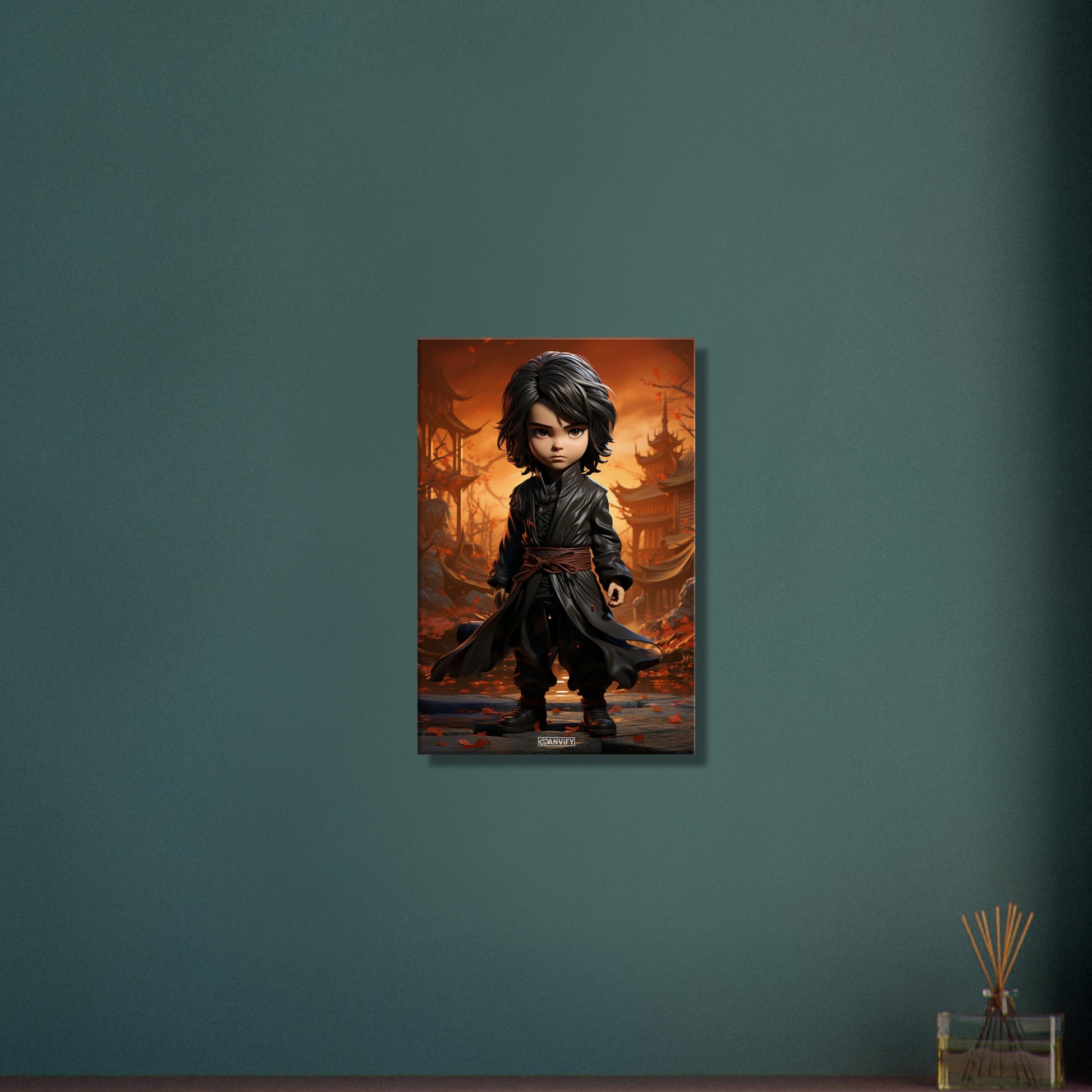 Chibi Karate-Junge mit braunem Gürtel und braunem Anzug auf einer Leinwand