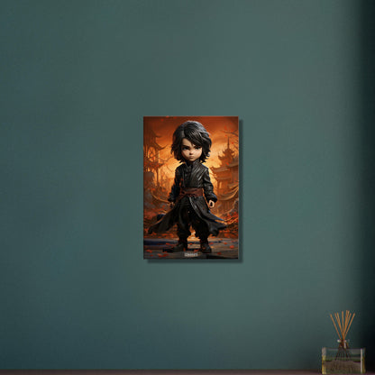Chibi Karate-Junge mit braunem Gürtel und braunem Anzug auf einer Leinwand