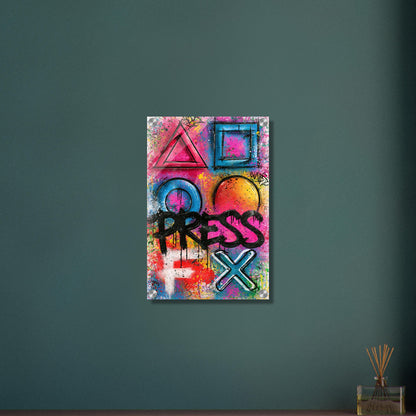 Playstation Symbole mit dem Spruch 'Press F' im Graffiti Street Art Stil auf einem Acrylbild