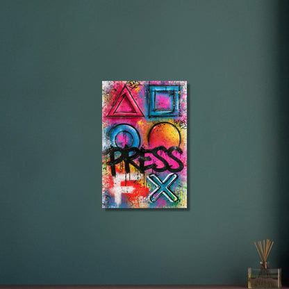Playstation Symbole mit dem Spruch 'Press F' im Graffiti Street Art Stil auf Aluminium
