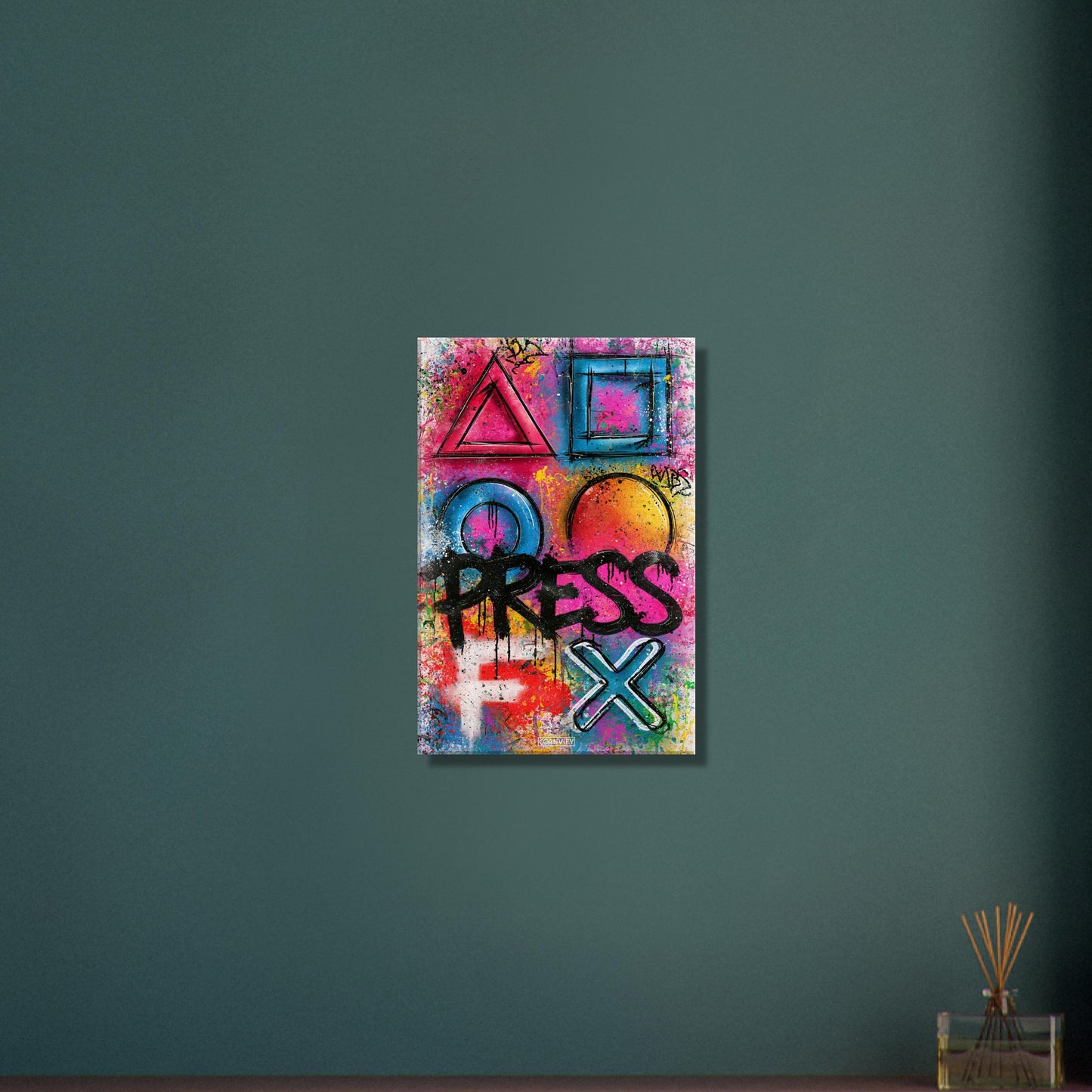Playstation Symbole mit dem Spruch 'Press F' im Graffiti Street Art Stil auf einer Leinwand