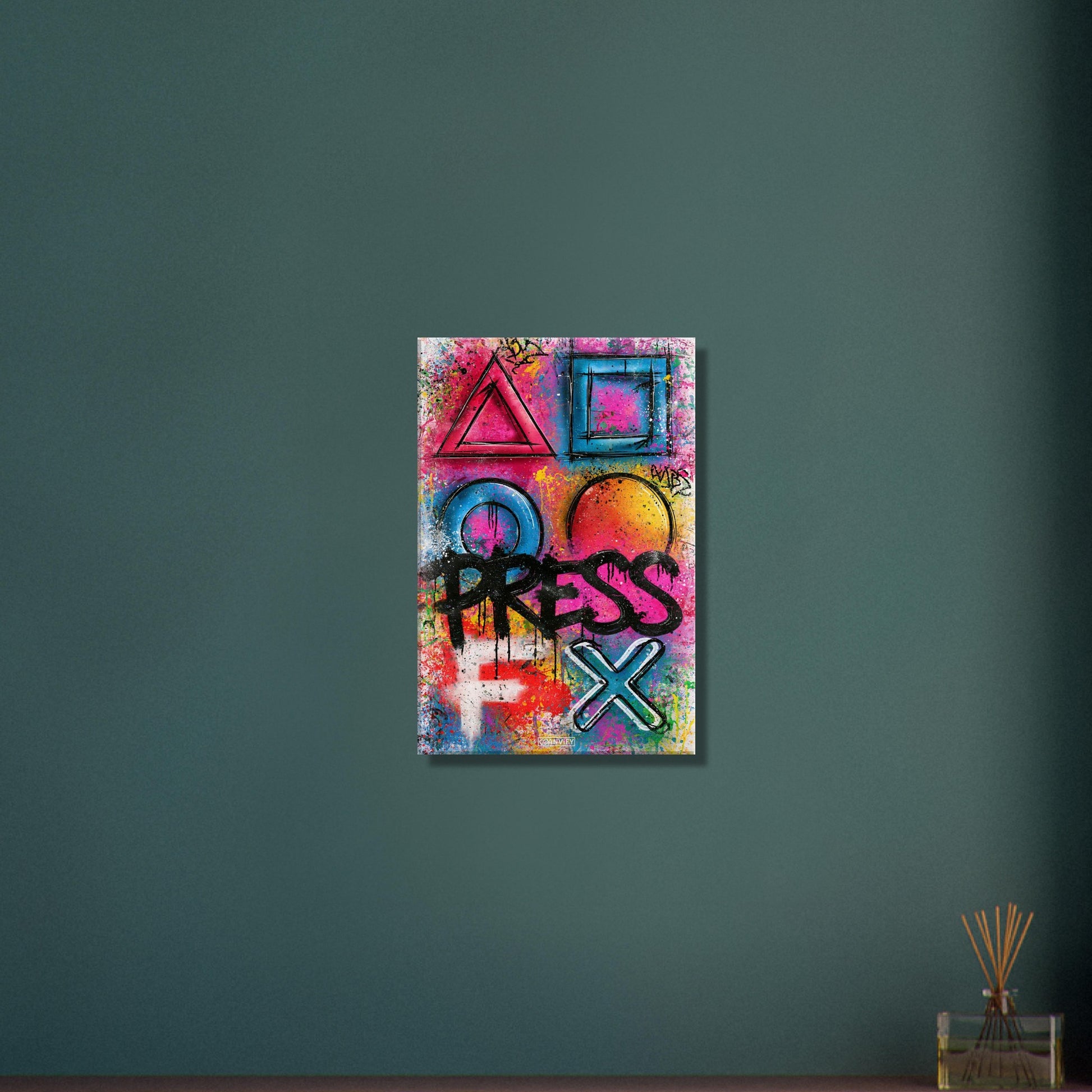 Playstation Symbole mit dem Spruch 'Press F' im Graffiti Street Art Stil auf einer Leinwand