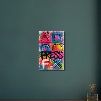 Playstation Symbole mit dem Spruch 'Press F' im Graffiti Street Art Stil auf einer Leinwand