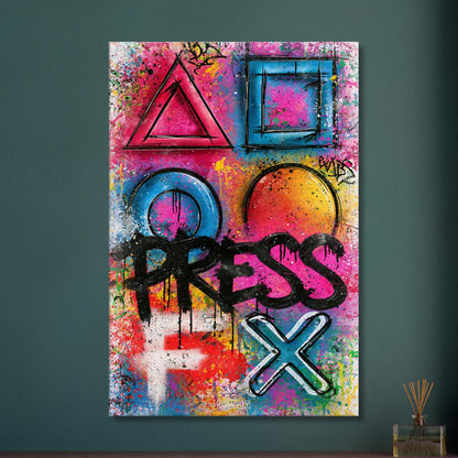 Playstation Symbole mit dem Spruch 'Press F' im Graffiti Street Art Stil auf einer Leinwand