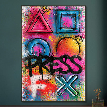 Playstation Symbole mit dem Spruch 'Press F' im Graffiti Street Art Stil auf einem Poster im Metallrahmen