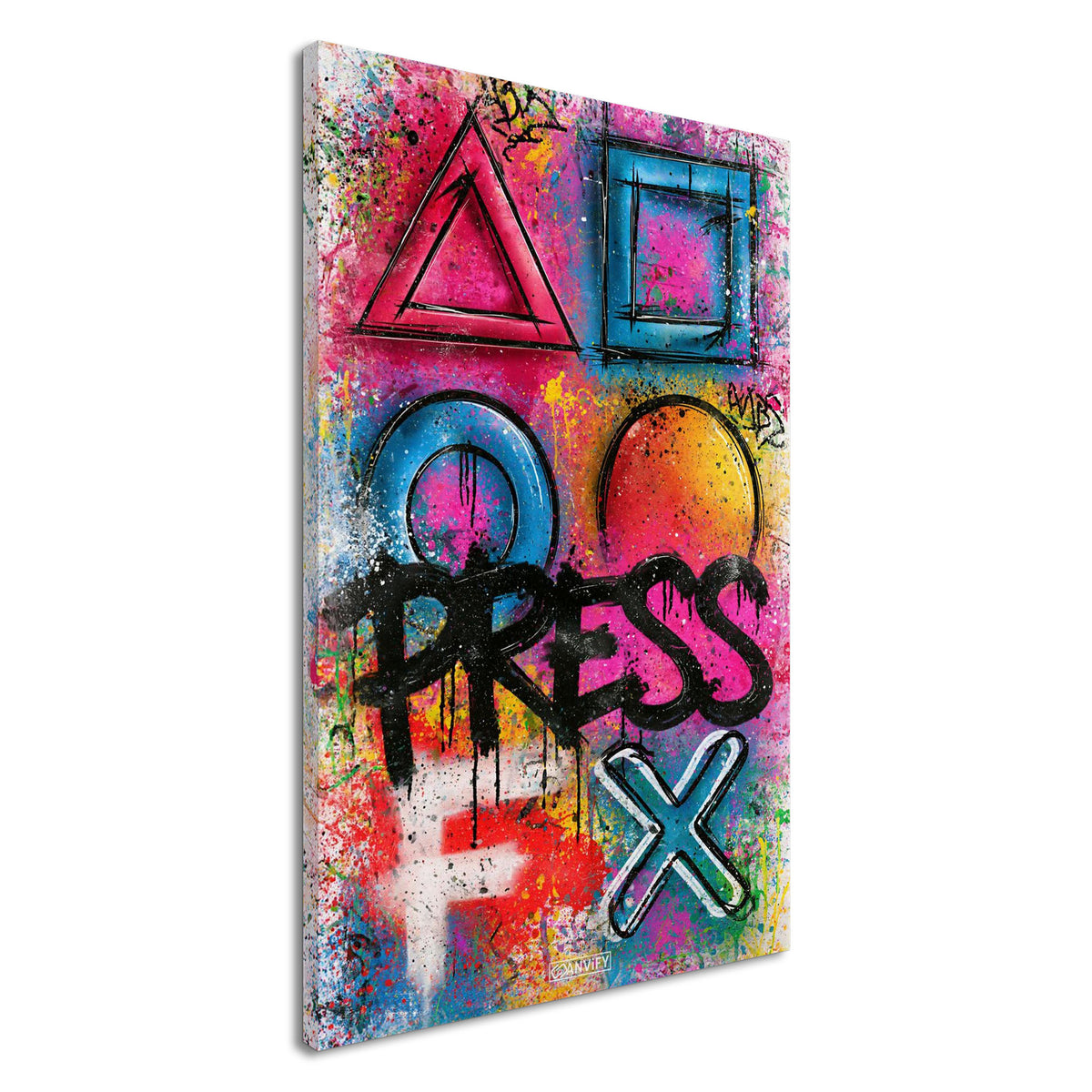 Playstation Symbole mit dem Spruch 'Press F' im Graffiti Street Art Stil auf einer Leinwand