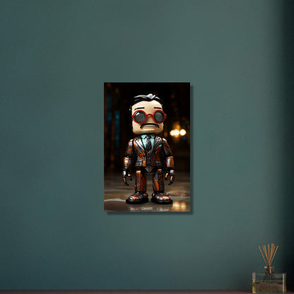 Verrückter Chibi Professor mit einem Exoskelett auf Aluminium