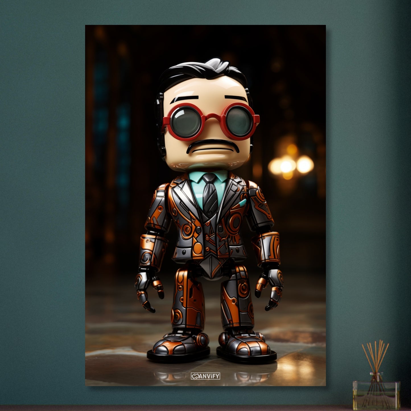 Verrückter Chibi Professor mit einem Exoskelett auf Aluminium