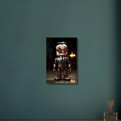 Verrückter Chibi Professor mit einem Exoskelett auf einer Leinwand